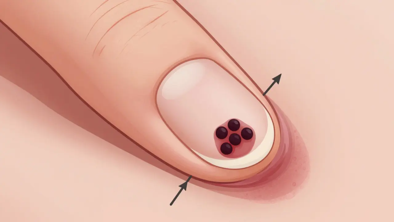 Anatomický průřez ukazující růst nádoru v lůžku nehtu a šíření pigmentu