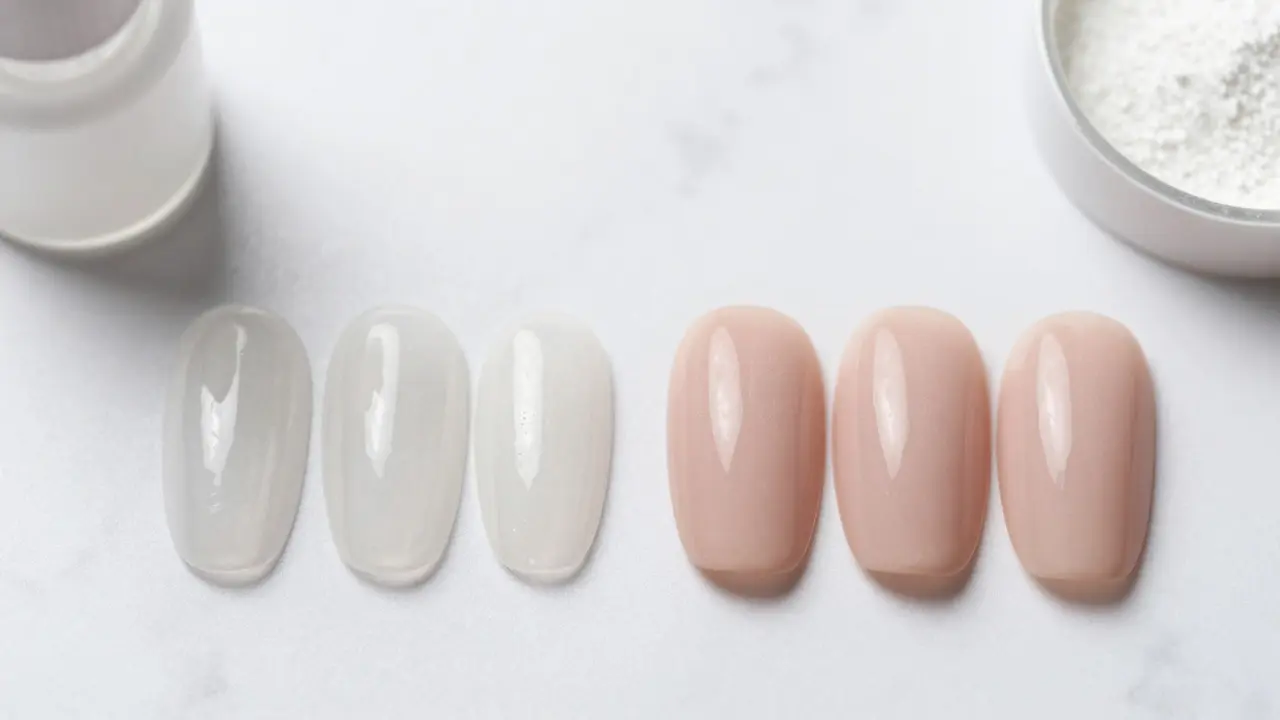 Close-up comparison of thin gel nails and thick acrylic nails on marble