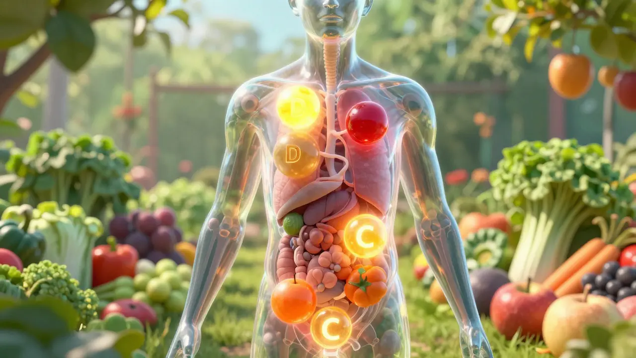 Ilustrace lidského těla plného barevných vitaminů uprostřed zeleniny