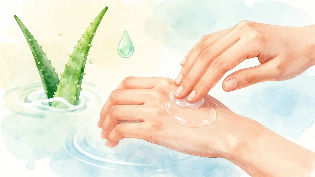 Ilustrace nanášení zklidňujícího gelu na kůži s prvky aloe verou a hydratace