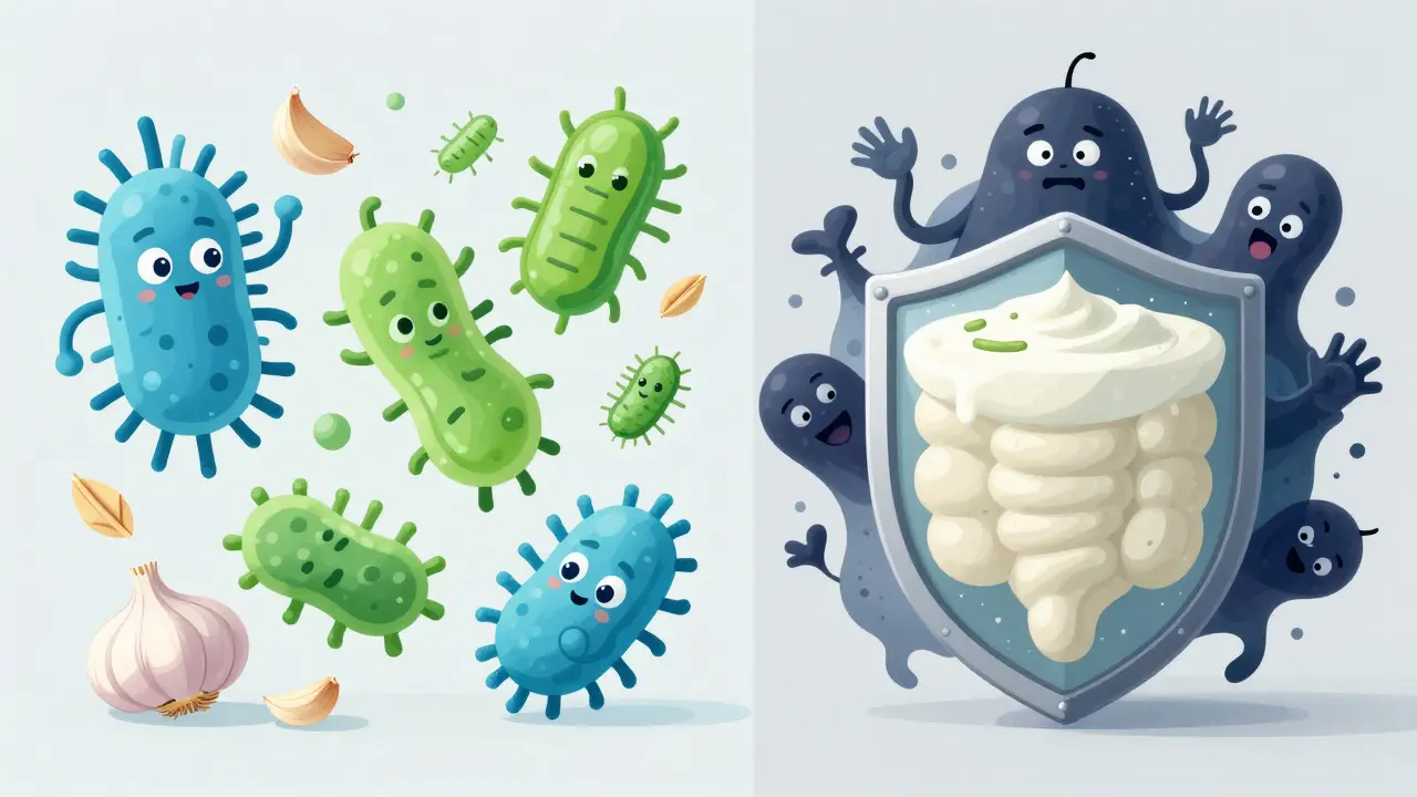 Ilustrace prospěšných bakterií a potravin pro zdraví střev