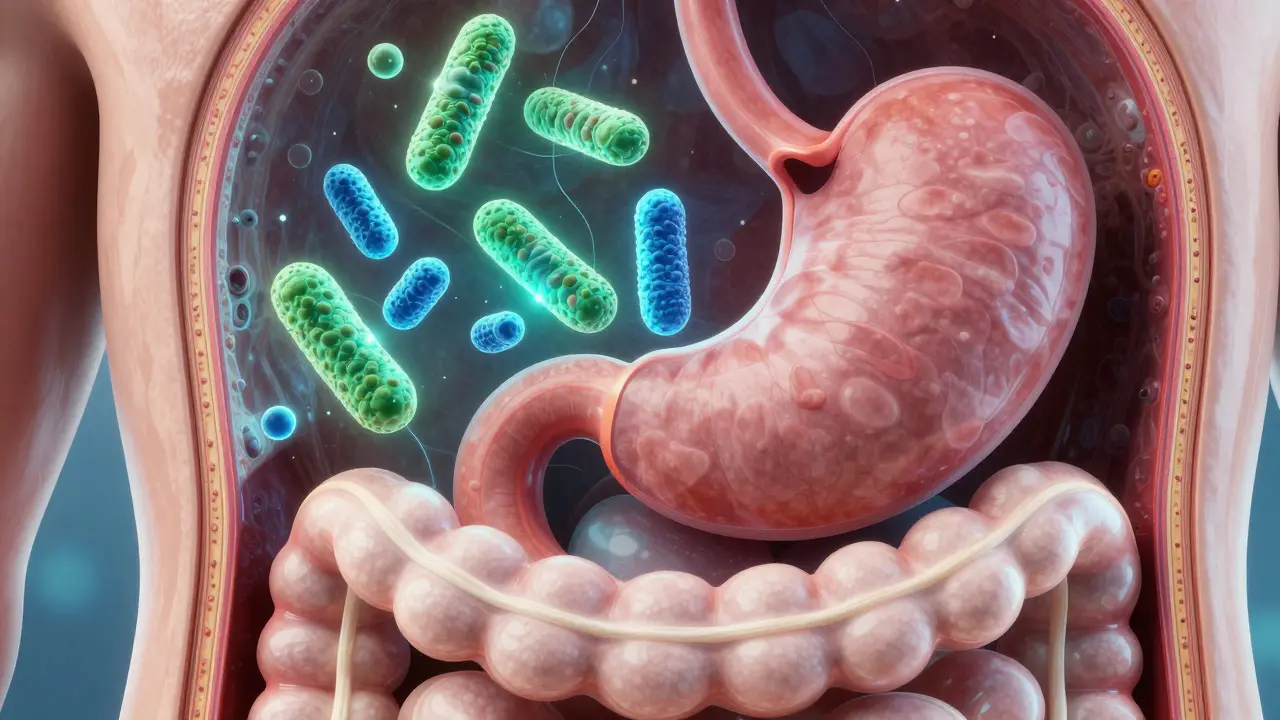 Ilustrace střevního mikrobiomu a prospěšných bakterií