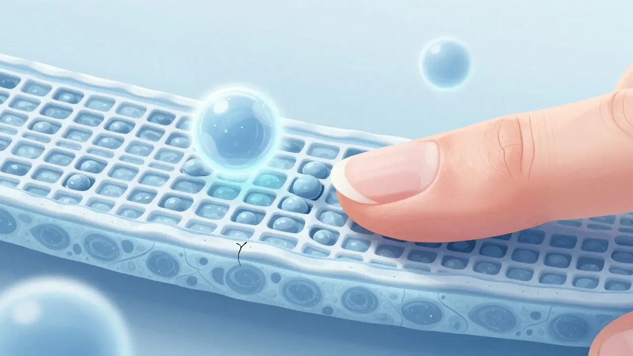 Konceptuální ilustrace mikrostruktury nehtové destičky s živinami