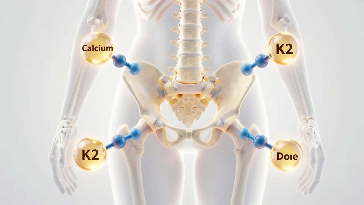 Konceptuální ilustrace vitamínů D3 a K2 chránících kostní hmotu ženy