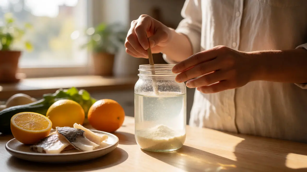 Příprava nápoje s kolagenem a vitaminem C v kuchyni