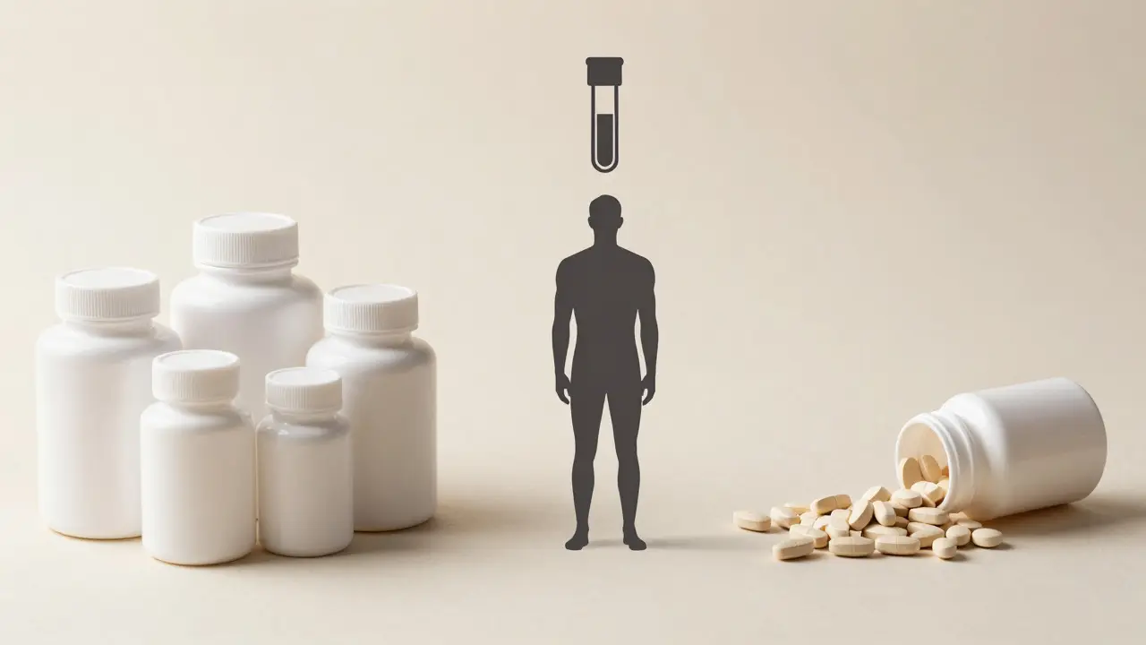 Silueta člověka váhající mezi cílenými doplňky a multivitamíny s ikonou krevního testu