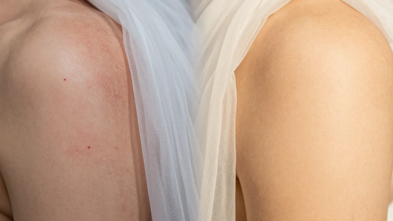 Srovnání podrážděné kůže a zdravé hladké pokožky po správné péči a exfoliaci