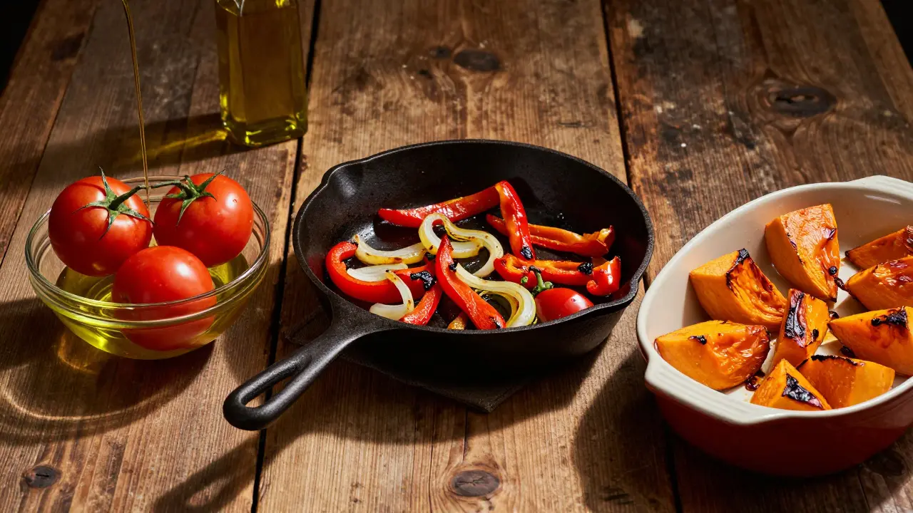 Surová rajčata s olejem a dušená paprika na dřevěném stole