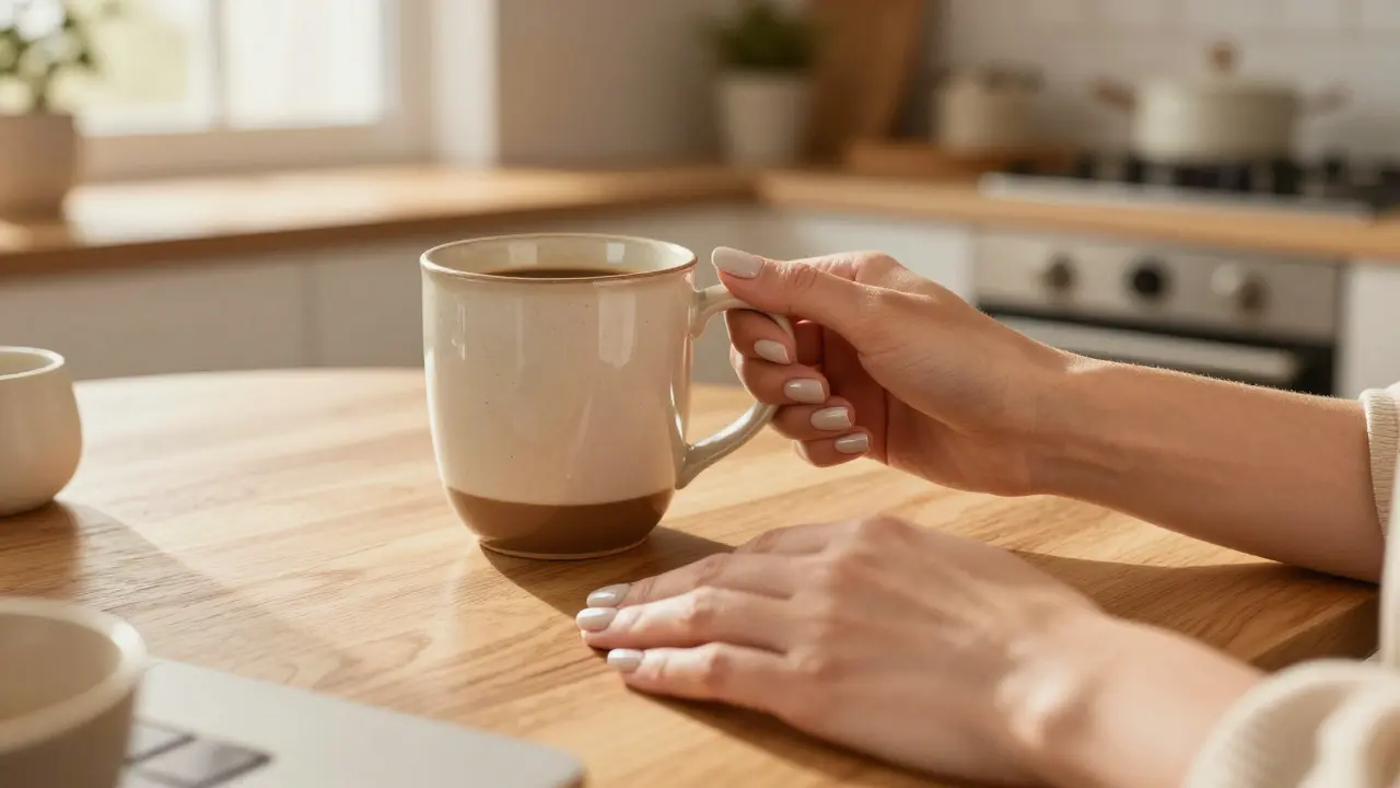 Woman's hands with artificial nails holding a coffee mug in a kitchen