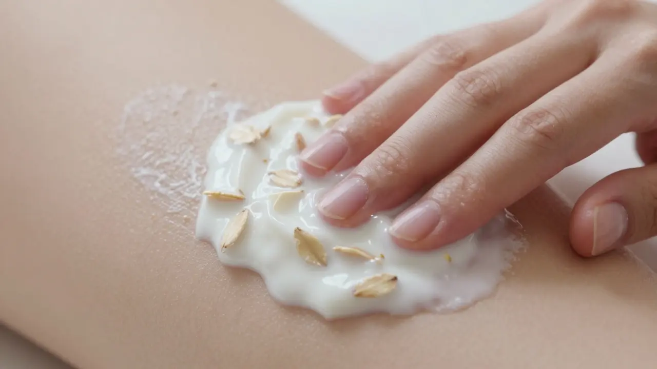 Záběr rukou masírujících ovesný peeling na suché pokožce