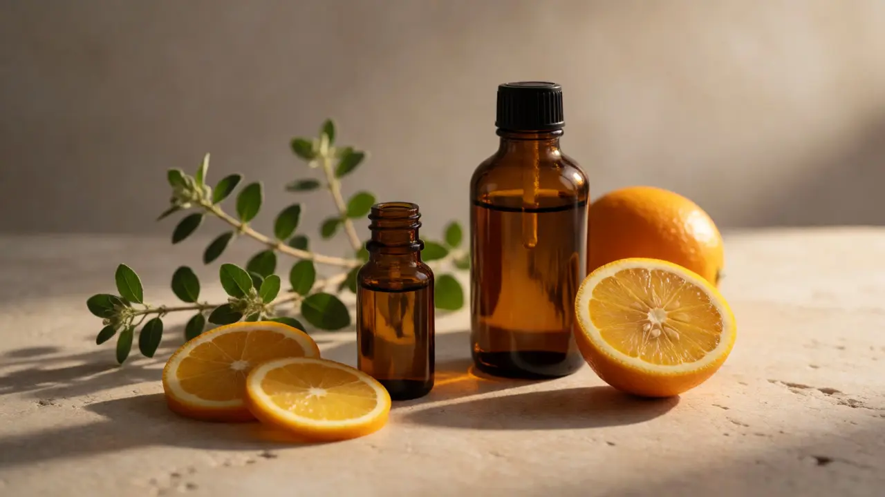 Amberové lahvičky se sérem, citrony a bylinkami ve večerním osvětlení.