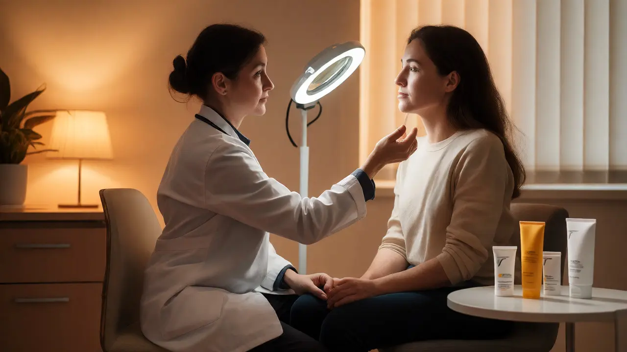 Dermatolog vyšetřuje pleť pacienta v ordinaci s péčí o kožní bariéru