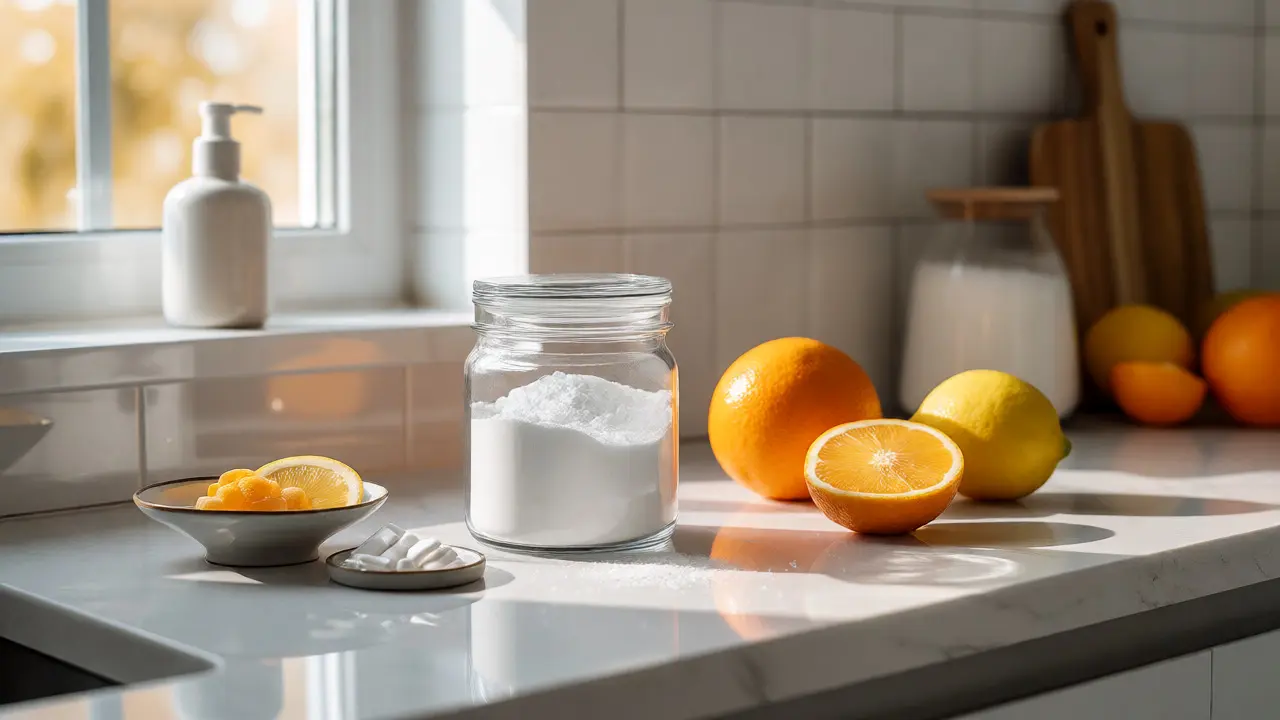 Hydrolyzovaný kolagenový prášek s citrusy a doplňky na kuchyňské lince