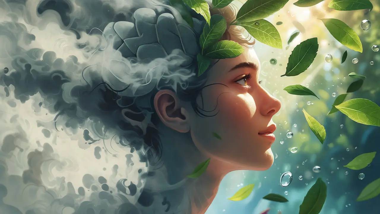 Konceptuální ilustrace přechodu z mentální mlhy do jasné mysli