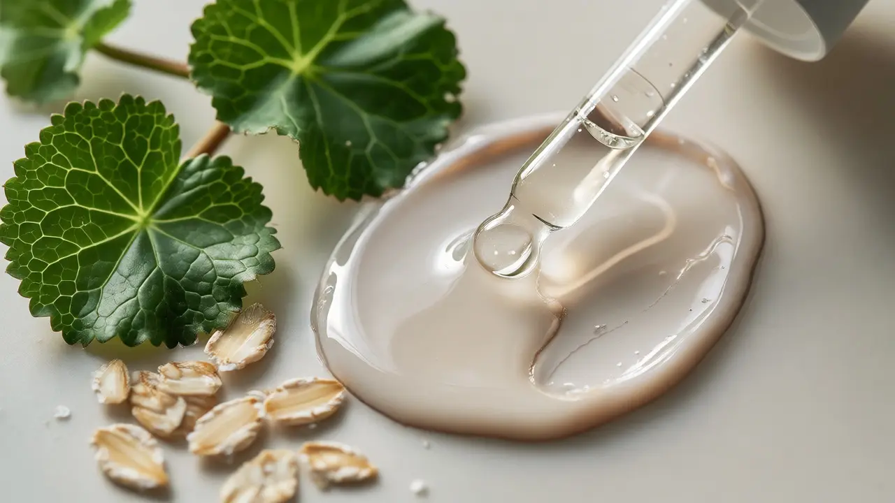 Makro záběr na zklidňující ingredience: panthenol, ovesné vločky a centella asiatica
