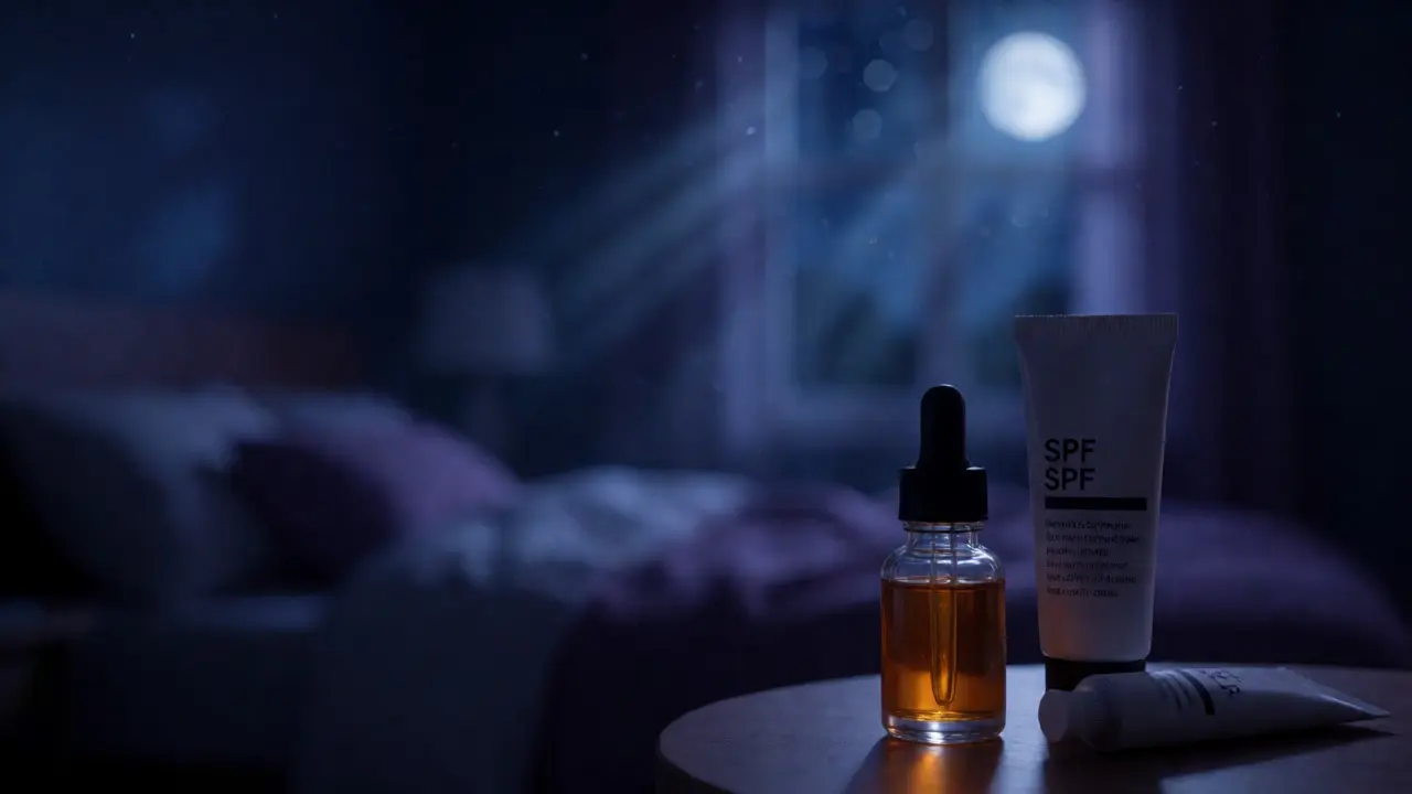 Noční rutina s retinolem a SPF v klidném prostředí