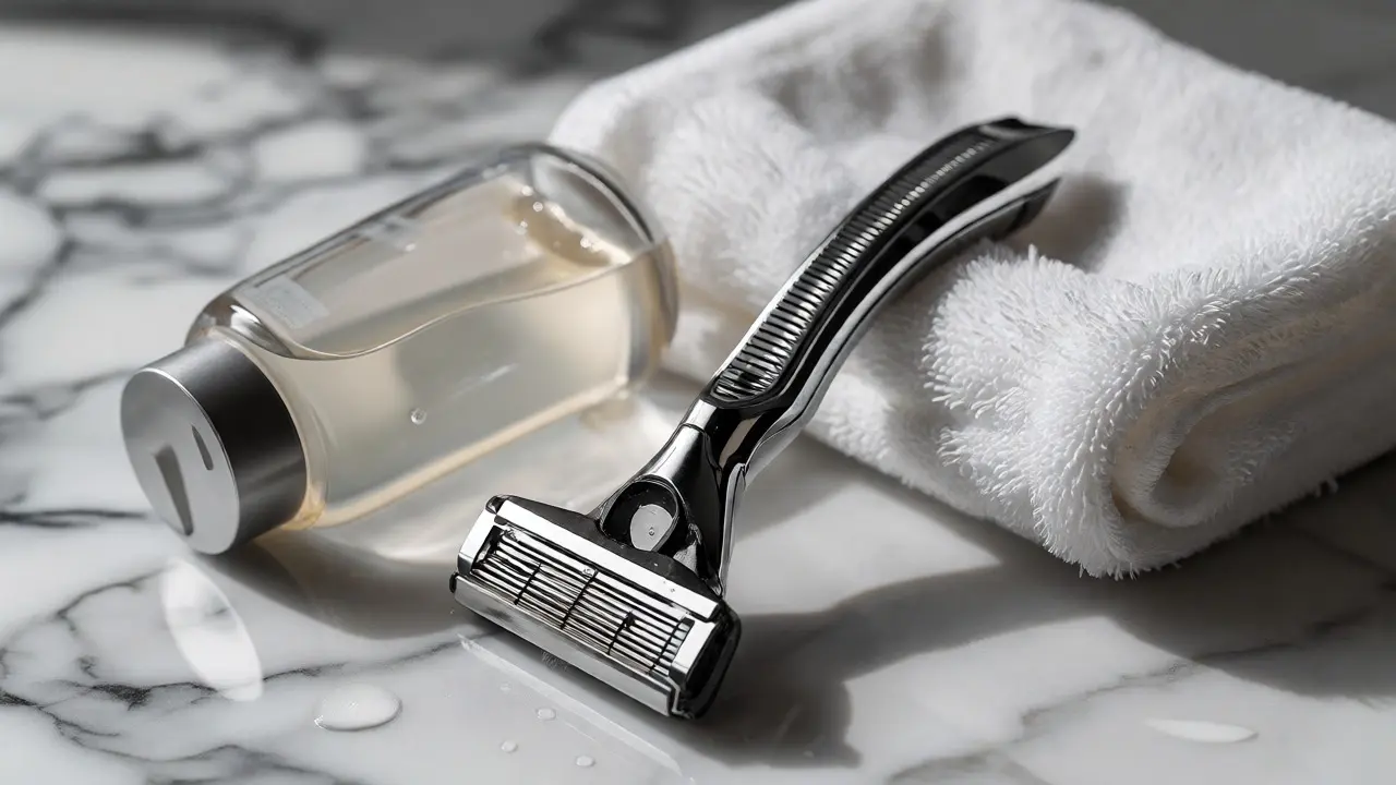 Shaving razor, gel, and towel on a clean marble surface