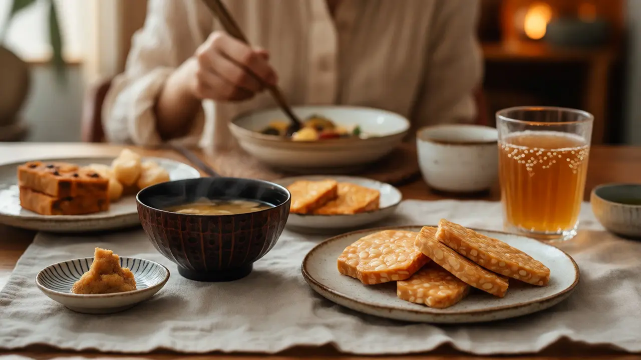 Stůl s miskou miso polévky, tempehem a sklenicí kombuchy