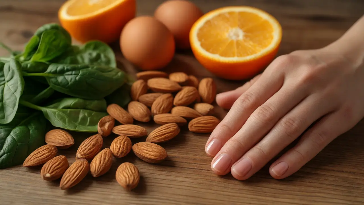 Zdravé nehty vedle potravin bohatých na vitamíny, jako jsou špenát, vejce a ořechy.