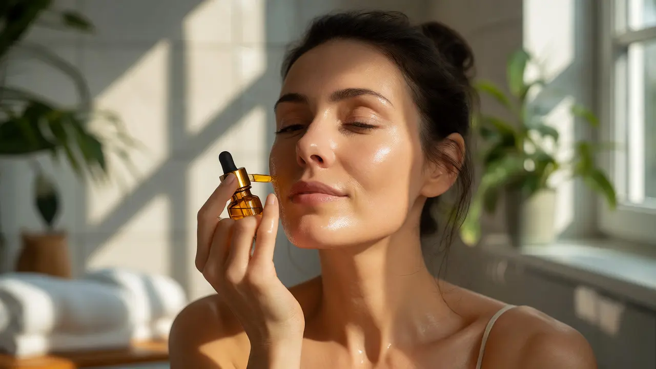 Žena aplikuje sérum s vitaminem C na obličej