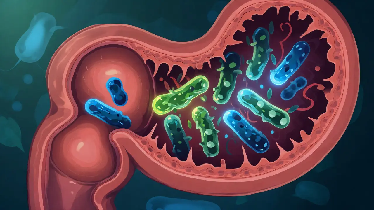 Ilustrace střevního mikrobiomu s aktivními laktobacily