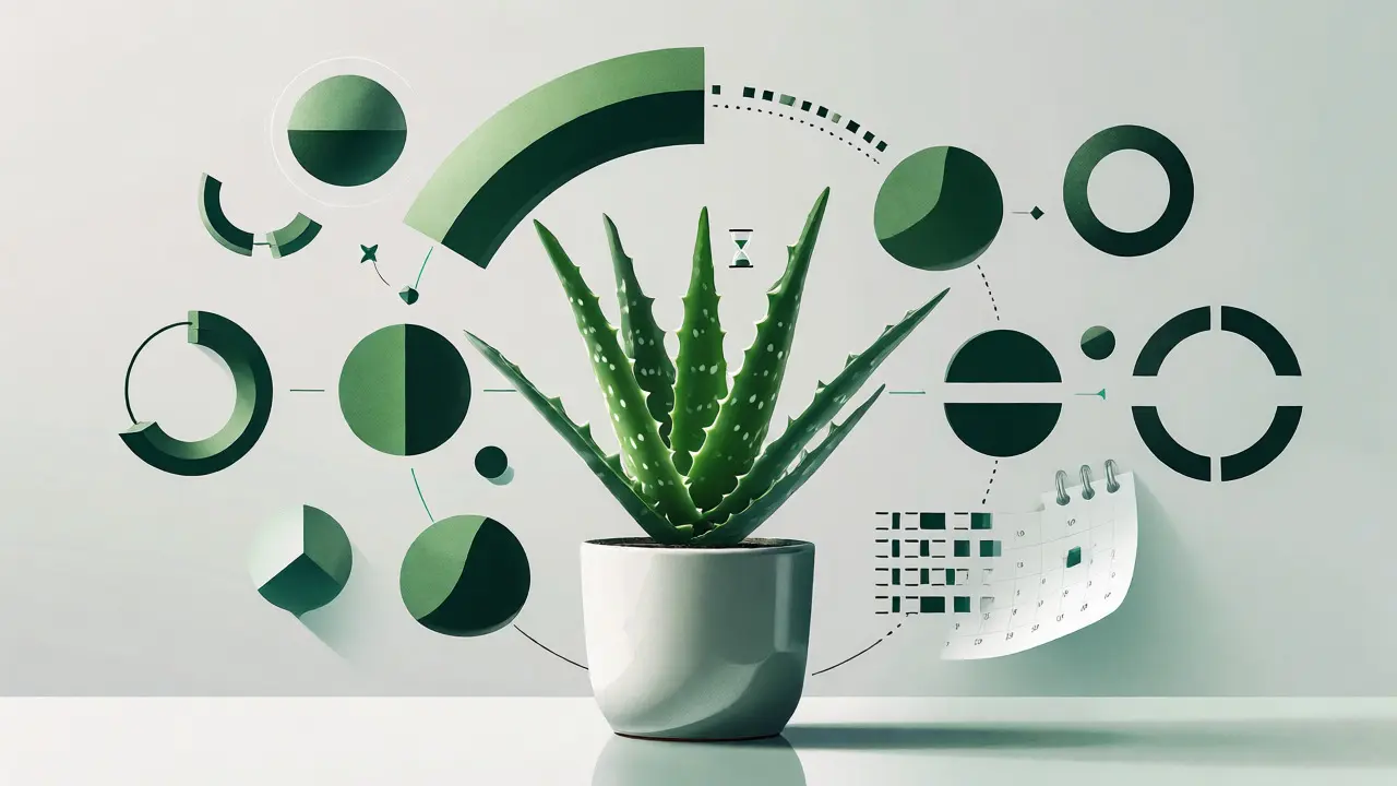 Konceptuální ilustrace cyklického užívání aloe vera s rostlinou a časovými bloky.