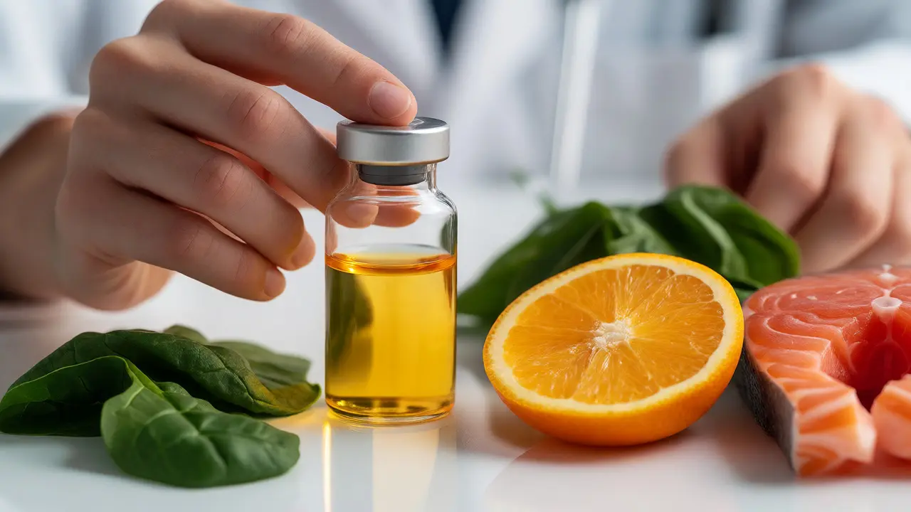 Krevní vzorek vedle čerstvého ovoce a zeleniny bohaté na vitamíny