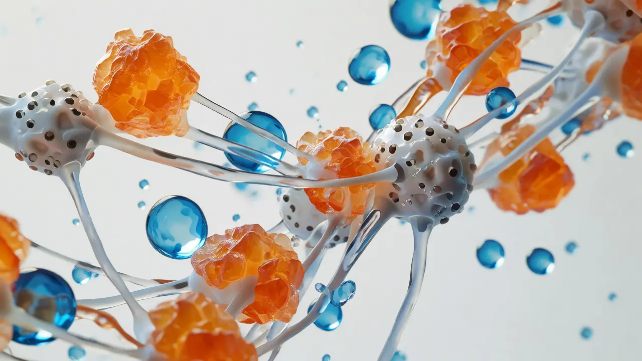 Makro snímek kolagenových vláken s vitamínem C a omega-3 mastnými kyselinami