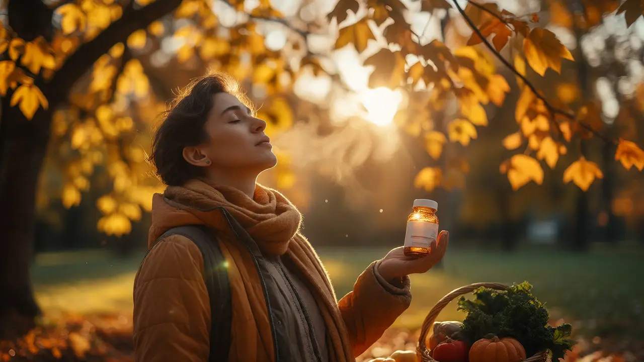 Osoba slunící se na podzimním slunci pro doplnění vitamínu D