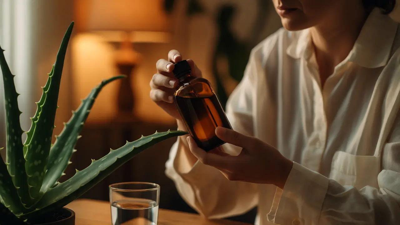 Osoba zkoumající láhev čistého extraktu z aloe vera v teplém osvětlení.