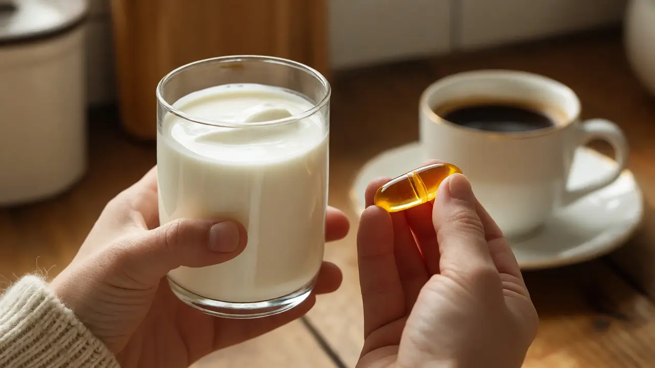 Ruka drží kapsli vitamínu D vedle sklenice kefíru v teplém interiéru