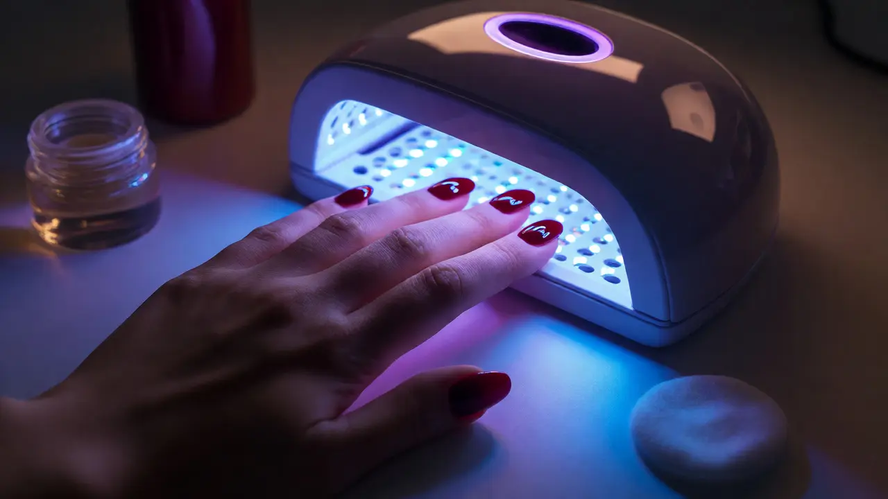 Ruka pod UV lampou při vytvrzování lesklého gelového laku