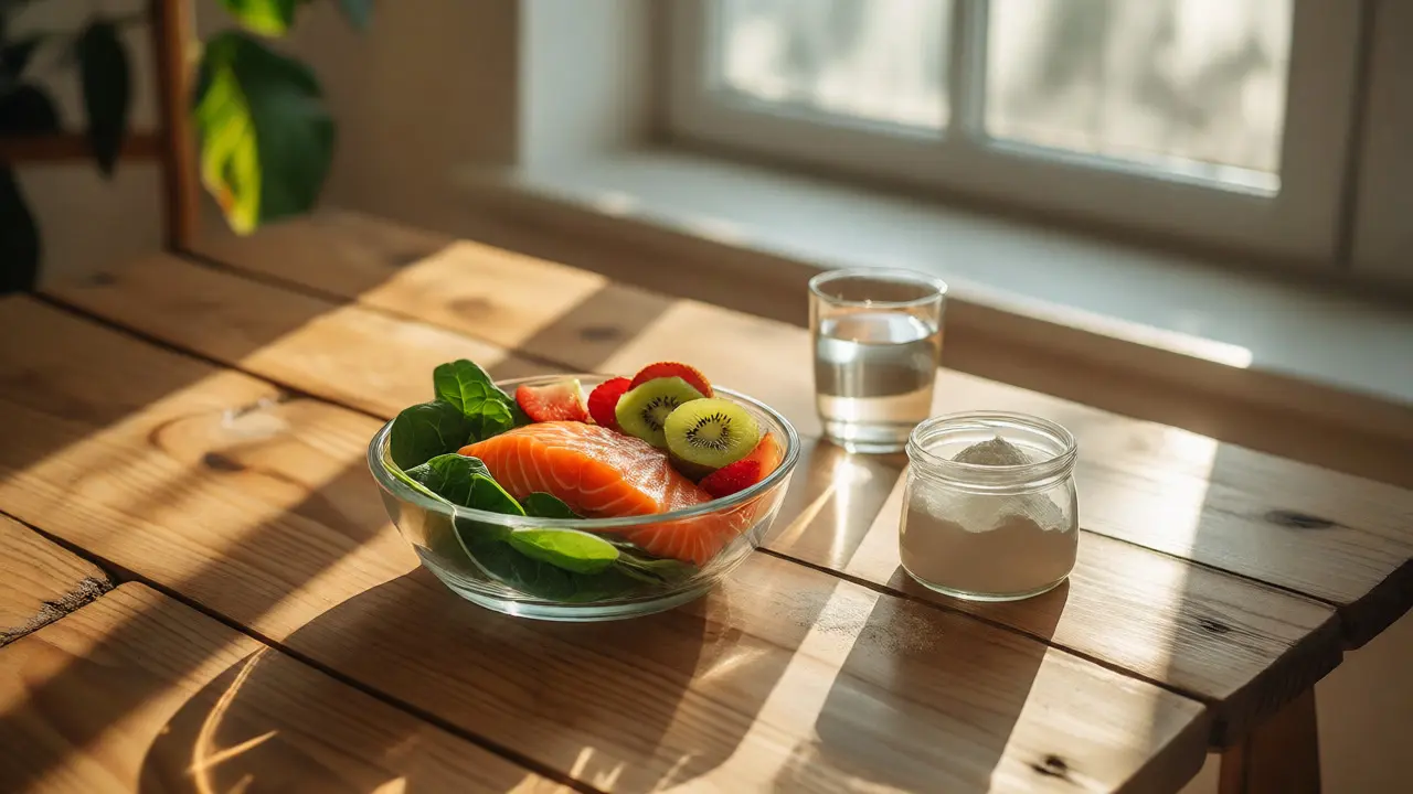 Zdravá snídaně s lososem, špenátem a ovocím bohatým na vitamín C.