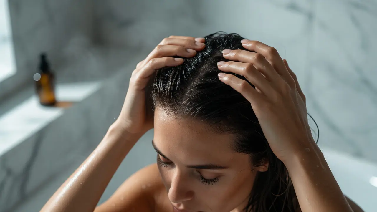 Žena provádějící masáž skalpu pro stimulaci růstu vlasů
